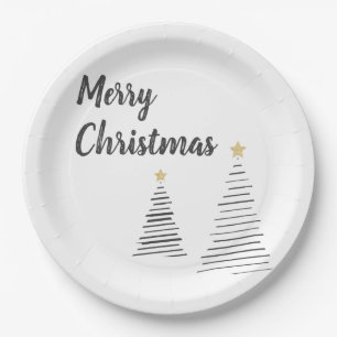 Assiettes En Carton Arbres de Noël élégants noir et blanc joyeux