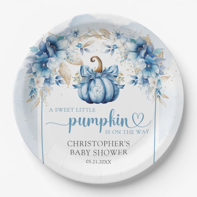 Assiettes En Carton Arc de fleurs citrouilles bleu et or poussiéreux a (Devant)