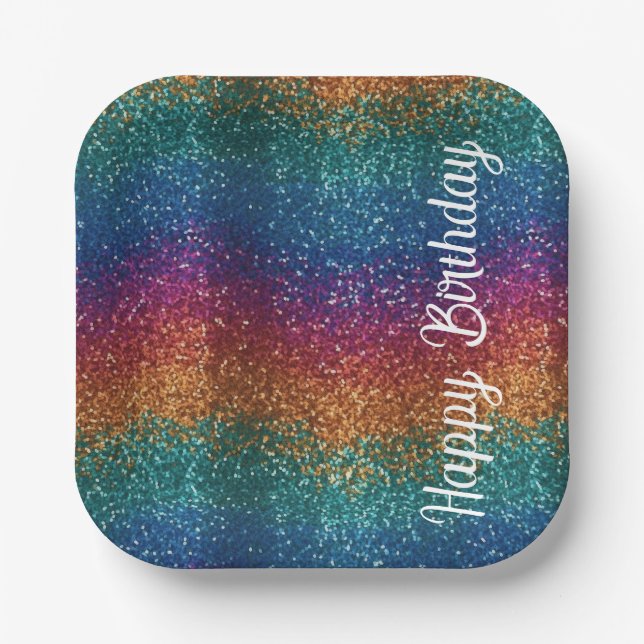 Assiettes En Carton Arc-en-ciel Éclairé Metallic Joyeux Anniversaire (Recto)