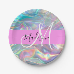 Assiettes En Carton Arc-en-ciel Girly Holographique Iridescent Monogra