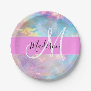 Assiettes En Carton Arc-en-ciel Girly Holographique Iridescent Monogra