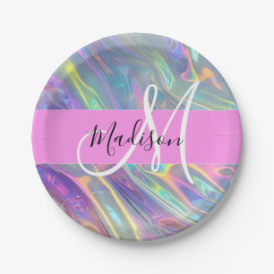 Assiettes En Carton Arc-en-ciel Girly Holographique Iridescent Monogra