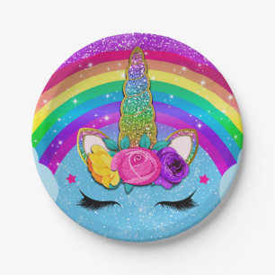 Assiettes En Carton Arc-en-ciel Paillettes Licorne Corne Visage Fête