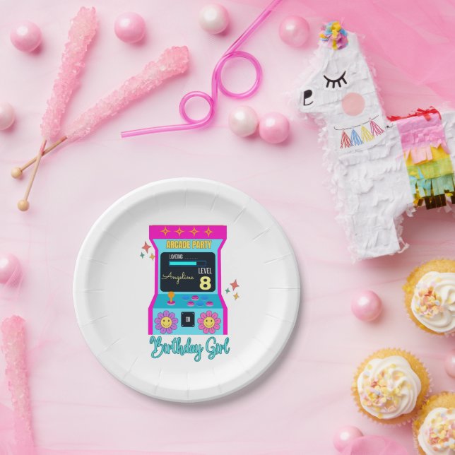 Assiettes En Carton Arcade Jeu Rétro Anniversaire fête bleu rose (Fête)