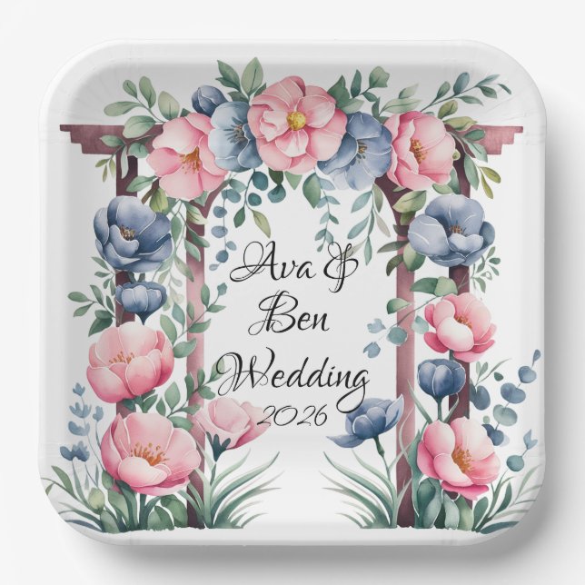 Assiettes En Carton Arche Mariage aquarelle avec fleurs rose et bleu (Recto)
