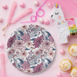 Assiettes En Carton Ardoise bleu rose violet fougères florales botaniq