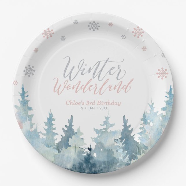 Assiettes En Carton Argent et rose hiver Wonderland Snowflake Annivers (Devant)