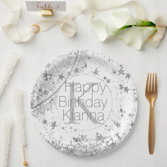 Assiettes En Carton Argent Lotus Mandala Stars Monogramme Anniversaire (Mariage)