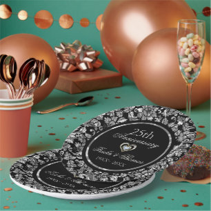 Assiettes En Carton Argent métallique et Damas noir 25e anniversaire