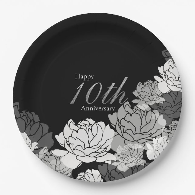 Assiettes En Carton Argent, noir & blanc imprimé rose 10e anniversaire (Devant)