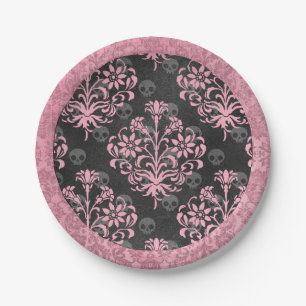 Assiettes En Carton Arlequin rose et noir et Damas