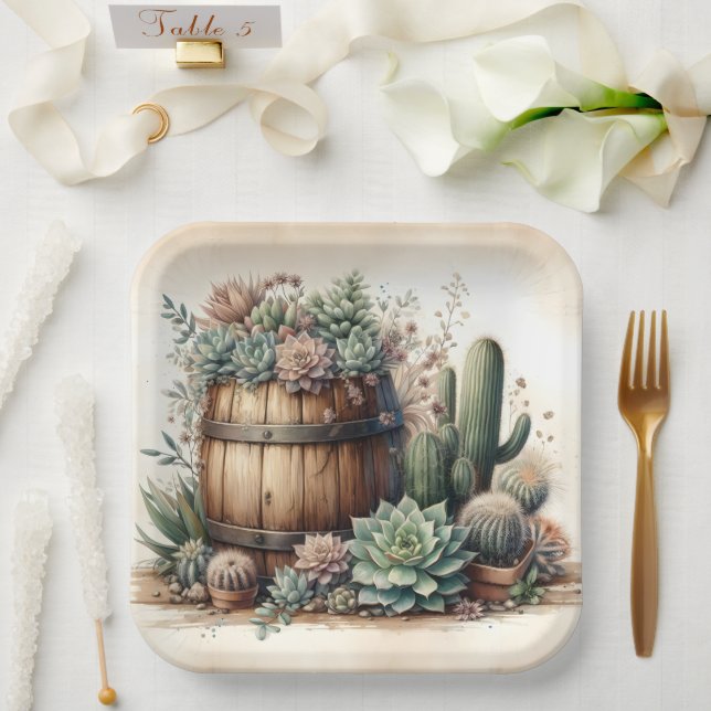 Assiettes En Carton Arrangement Rustique De Succulents Et Cactus (Mariage)