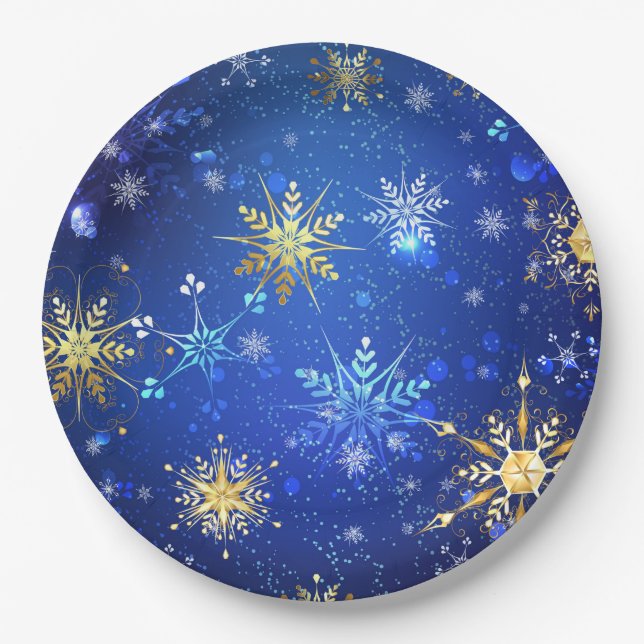 Assiettes En Carton Arrière - plan Bleu XMAS avec des flocons de neige (Devant)