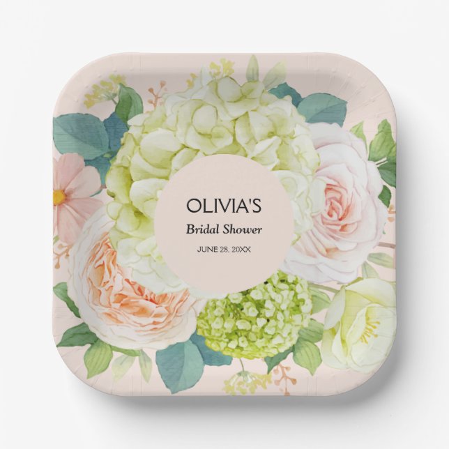 Assiettes En Carton Arrosage Floral Rose Pâle Mariage (Recto)