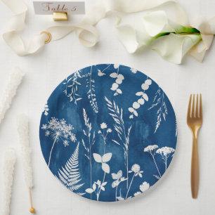 Assiettes En Carton Art botanique de fougère au cyanotype bleu indigo