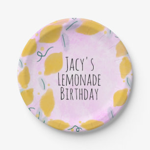 Assiettes En Carton Art de bordure rose jaune citron aquarelle d'anniv
