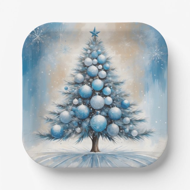 Assiettes En Carton Art Deco Christmas Tree Blue Luxurious Ornaments (Recto)