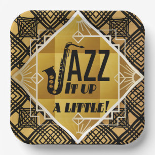 Assiettes En Carton Art déco jazz saxophone noir or musique