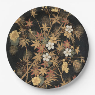 Assiettes En Carton Art floral automnal noir doré vintage japonais