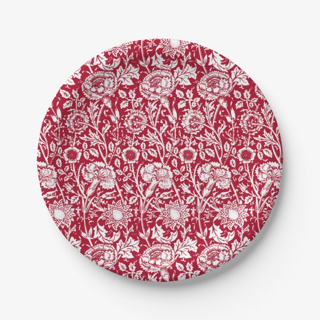 Assiettes En Carton Art Nouveau Carnation Damask, rouge et blanc (Devant)