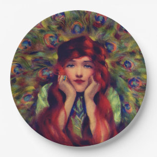 Assiettes En Carton Art nouveau déco femme plumes paon élégant