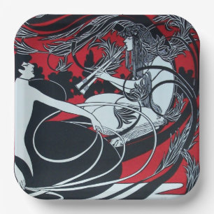 Assiettes En Carton ART NOUVEAU FAUNE Rouge Bourgogne,Noir Blanc