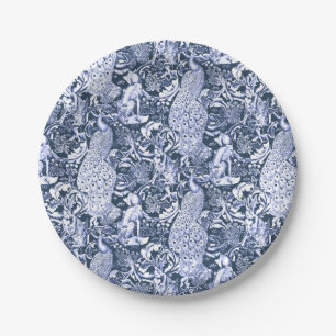 Assiettes En Carton Art Nouveau Peacock Print, Navy et White