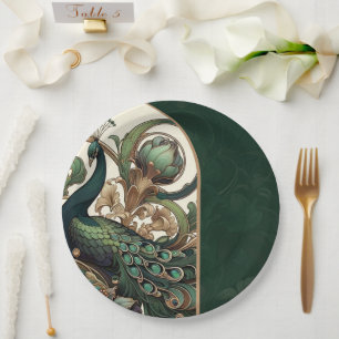 Assiettes En Carton Art Nouveau Vert Émeraude Vintage Paon Mariage