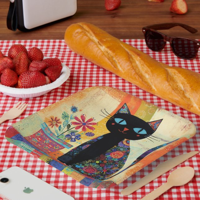 Assiettes En Carton Art populaire de chat noir (Pique-nique)