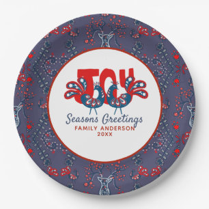 Assiettes En Carton Art populaire Noël Oiseau scandinave Rouge Bleu