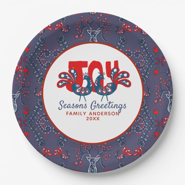 Assiettes En Carton Art populaire Noël Oiseau scandinave Rouge Bleu (Devant)