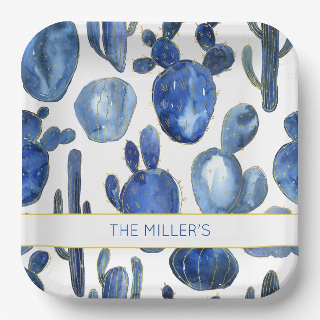 Assiettes En Carton Artisan Blue Gold Cactus Desert NAME Aquarelles (Recto)