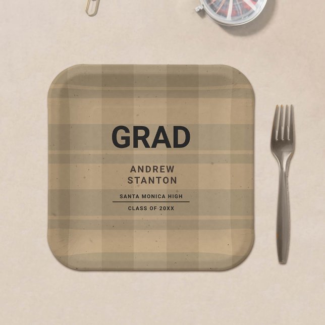 Assiettes En Carton Artisanat Tartan Plaid Moderne Simple Garçon Gradu (rustic craft tartan plaid graduation personalized paper plate)