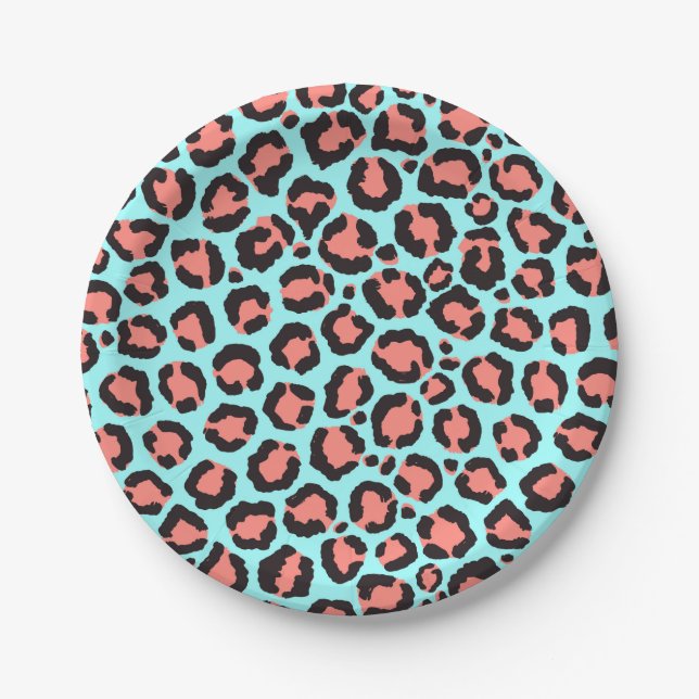 Assiettes En Carton Artsy Trendy Coral Mint Turquoise Leopard Poster d (Devant)