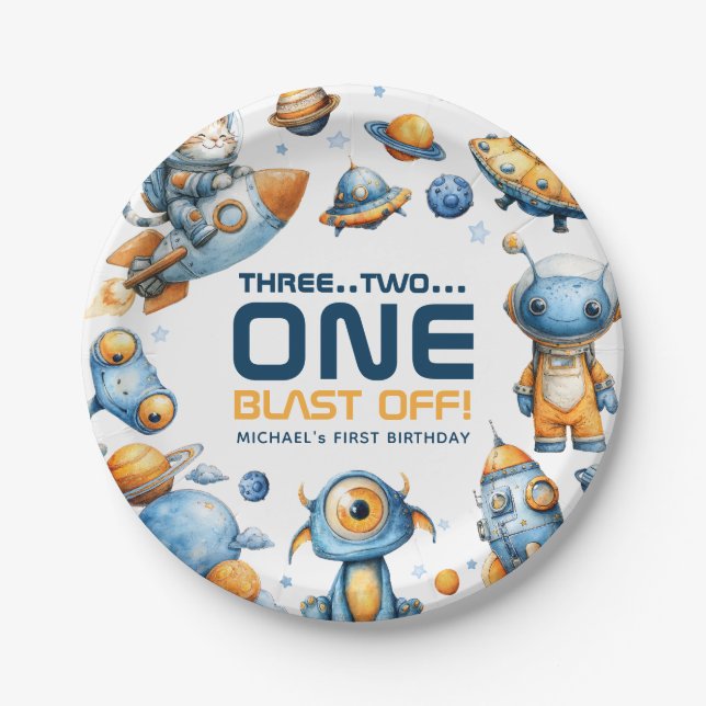 Assiettes En Carton Astronaut Cat Outer Space Blast Off 1st Birthday  (Devant)