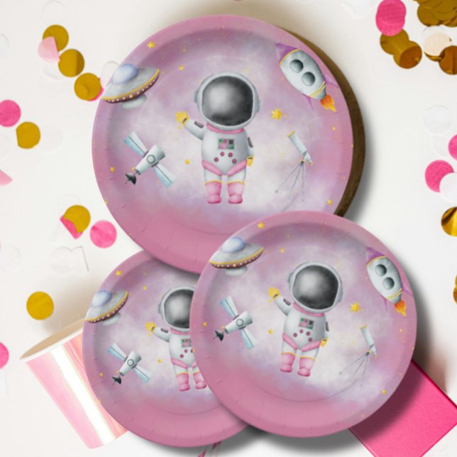 Assiettes En Carton Astronaute de l'espace Girl roquette rose Baby sho (Créateur téléchargé)