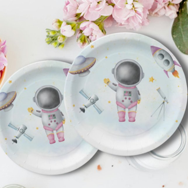 Assiettes En Carton Astronaute de l'espace Girl roquette rose Baby sho (Créateur téléchargé)