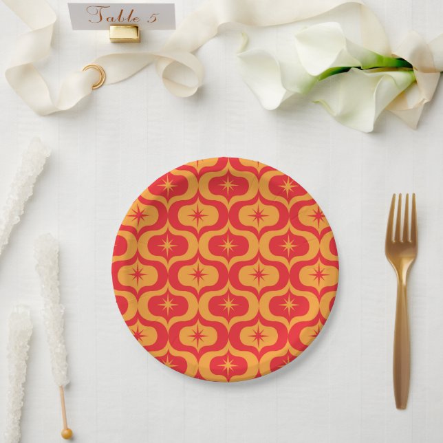 Assiettes En Carton Atomic Starbursts on Red and Orange Ogee Pattern  (Mariage)