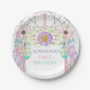 Assiettes En Carton Attrape-rêve de premier anniversaire Plumes Boho