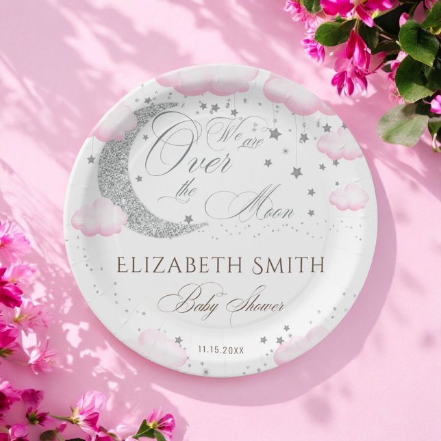 Assiettes En Carton Au-dessus de la lune Baby shower fille rose argent (Créateur téléchargé)