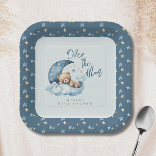 Assiettes En Carton Au-dessus de la lune Ours Baby shower bleu Teddy