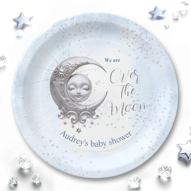 Assiettes En Carton Au-Dessus Des Plaques De Papier Baby shower Lune B (Over The Moon Blue Boy Baby Shower Paper Plates)