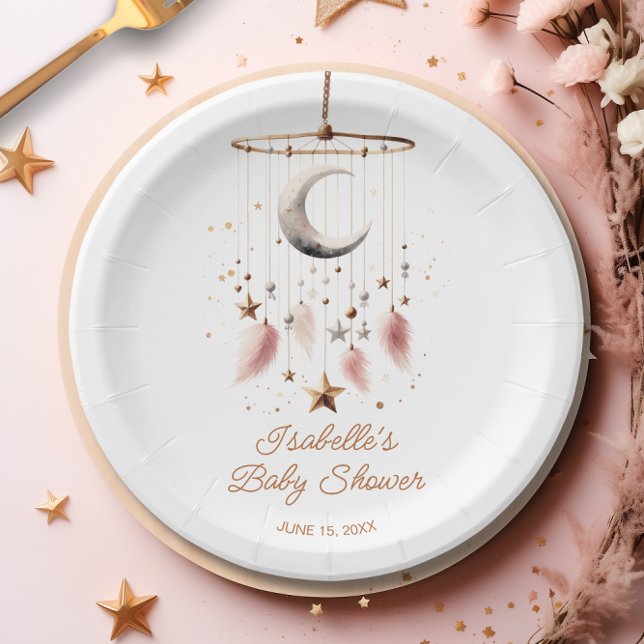 Assiettes En Carton Au-dessus du Baby shower céleste de la lune Boho (Over the Moon Boho Celestial Girl Baby Shower Paper Plates)
