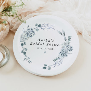Assiettes En Carton AUSHA Dusty Blue Floral Garçon Baby Shower