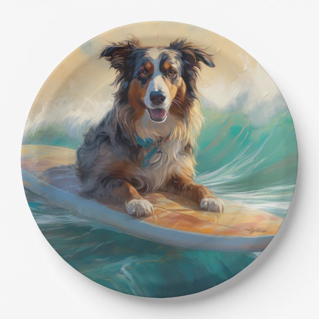 Assiettes En Carton Australian Shepherd Beach Surfing Peinture
