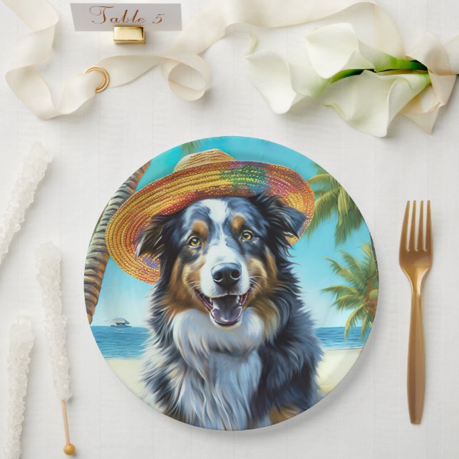 Assiettes En Carton Australian Shepherd On Beach amoureux des chiens c (Mariage)