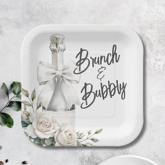Assiettes En Carton Autocollants Élégants Fleurs Blanches Brunch et Bu (Brunch and Bubbly Bridal Shower Plate)