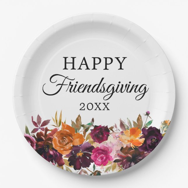 Assiettes En Carton Automne Boho Aquarelle Floral Friendsgiving (Devant)