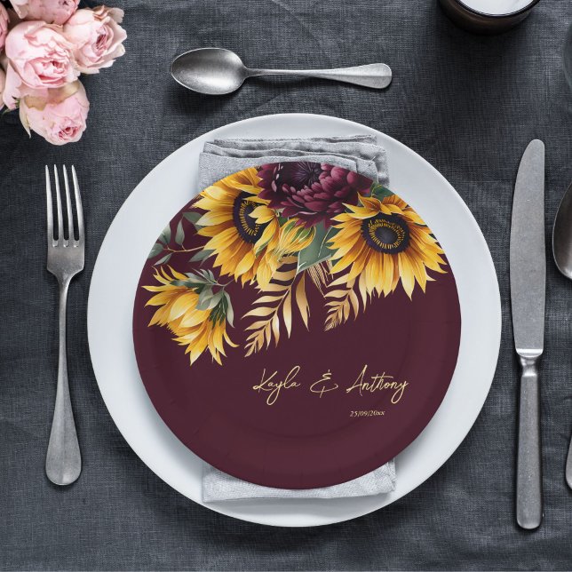 Assiettes En Carton Automne été mariage bordeaux modèle (Fall summer wedding burgundy sunflowers template paper plates personalized wedding tableware decor)