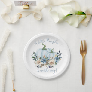 Assiettes En Carton Automne Floral Blue Citrouille Baby shower garçon